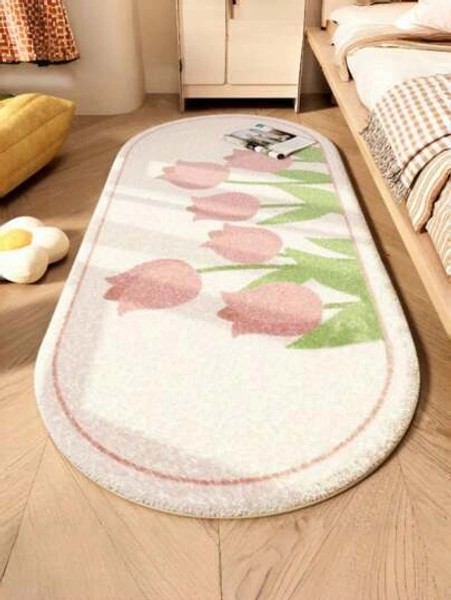 1pc Pink Tulip Plush Area Rug, Suitable For Bedroom Decor, Cream-Style Floral Long Carpet For Living Room, Soft & Comfortable For Home Lounge, Fluffy, Soft & Easy To Clean, Home Decorative Rug