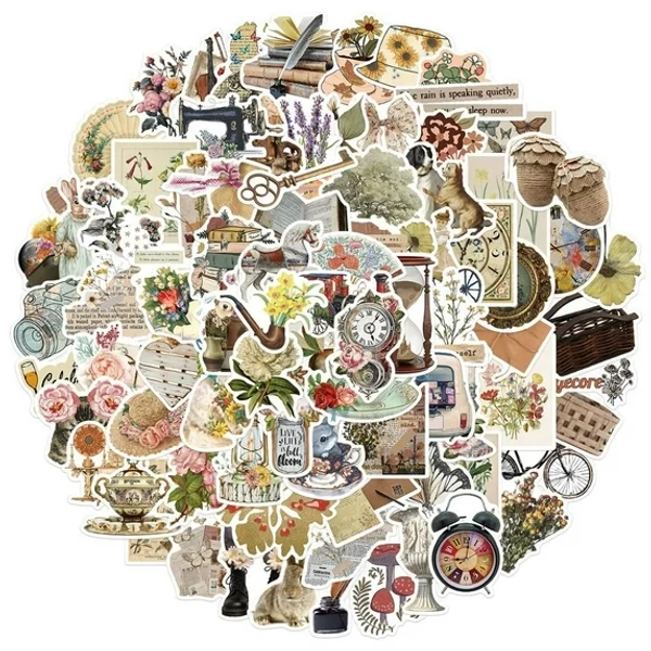100pcs Vintage Aesthetic Stickers Cottagecore for Water Bottle Laptop, Cute Retro Stickers for Adult Women Teen Grils, Waterproof Vinyl Decals for Journal Scrapbook