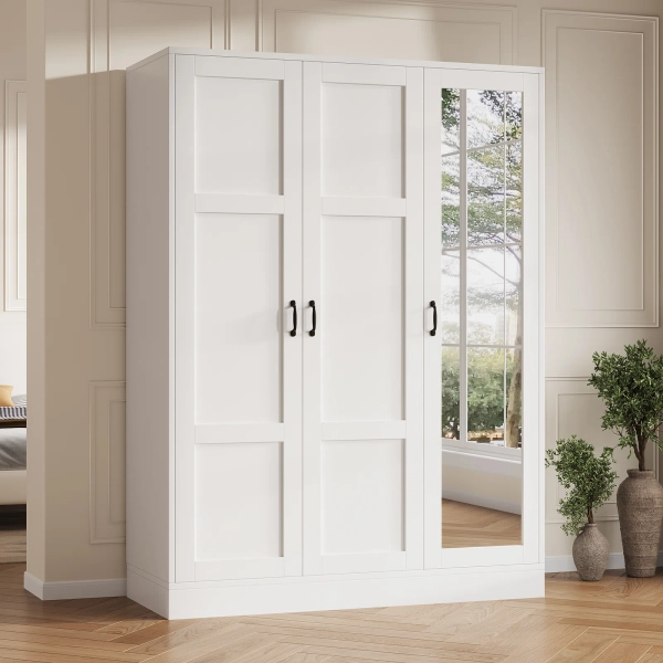 Latitude Run® 3-Door Wardrobe Closet With Full Length Mirror, Freestanding Storage Cabinet With Adjustable Shelves And Hanging Rod, Modern White Wood Armoire For Bedroom Organization | Wayfair
