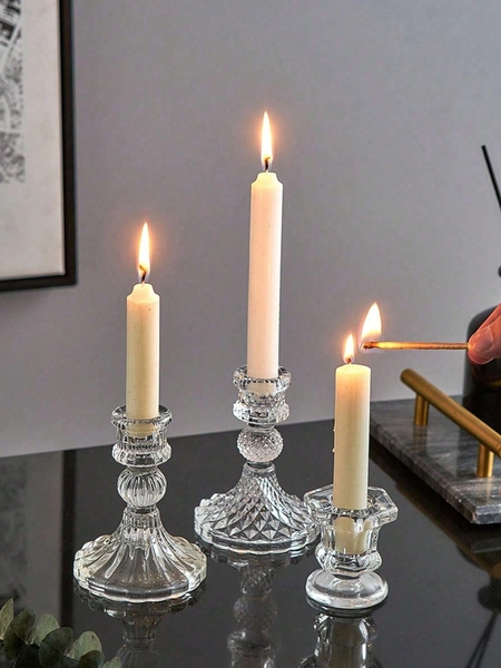 3/2/1pc Glass Candlesticks, Floor-Standing European Retro Relief Candlesticks, Striped And Diamond Crystal Pattern Candlesticks, Hexagonal Candlesticks, Suitable For Candlelight Dinners, Birthday Parties, Hotel Banquets, Weddings, Can Be Placed Candles, Decorations, Romantic Room Decorations, Home Decorations, Valentine's Day Gifts Graduation