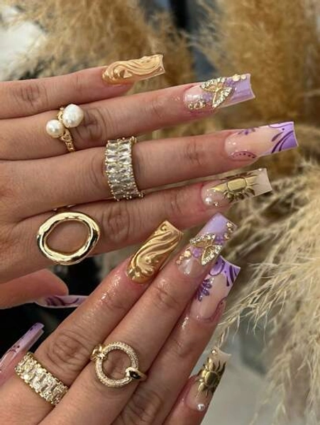 24 Pieces Of Elongated Water Pipe-Shaped Press On False Nails, Featuring A Metallic Gold Embossed Design With Butterfly And Flower Patterns - A Glossy Contrasting Color Combination For False Nails, Suitable For Ladies And Girls - Suitable For Parties, Dances Or Daily Wear. Comes With 1 Tube Of Gel And 1 Nail File.Gold Chrome Nail Acrylic