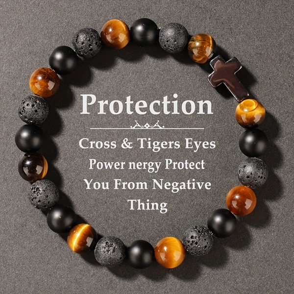 Men's Retro Tiger Eye and Black Bead Bracelet with Cross Pendant - Casual Attire Protective Synthetic Jewelry, Gift for Him, Boyfriend, Friend