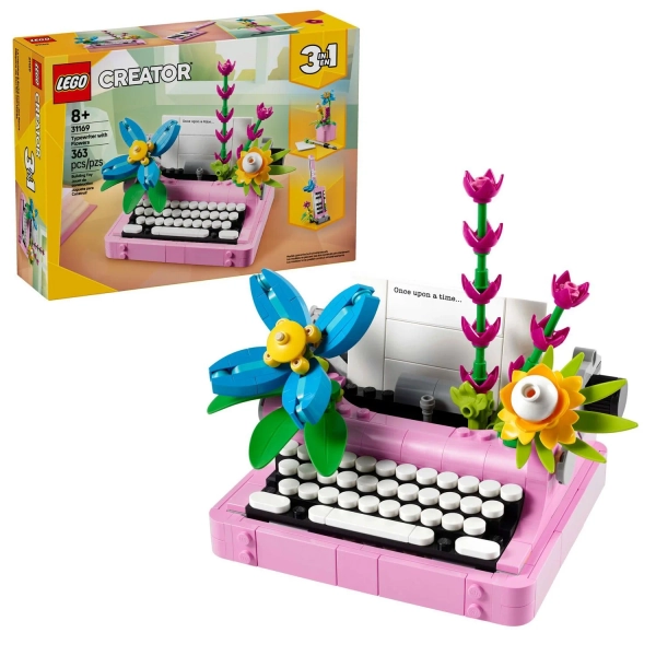 LEGO Creator 3 in 1 Typewriter with Flowers - Building Toy with 3 Building Options, Typewriter, Flowerpot with Pen & Notebook, or Keytar - Gift Idea for Birthdays - 31169, Includes 363 Pieces, Ages 8+