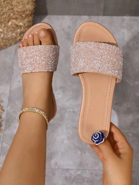 Women's Sequin Decorated Slip-On Flat Sandals, PU Leather, Round Toe, Khaki, Summer, Casual, Daily Outfit, Beach, Vacation, Fashion, Summer Essential, Comfortable, Wide Version, Sequin Design, Flat Sandals, Khaki Color, Summer Fashion, Casual Footwear, Beach & Vacation Attire