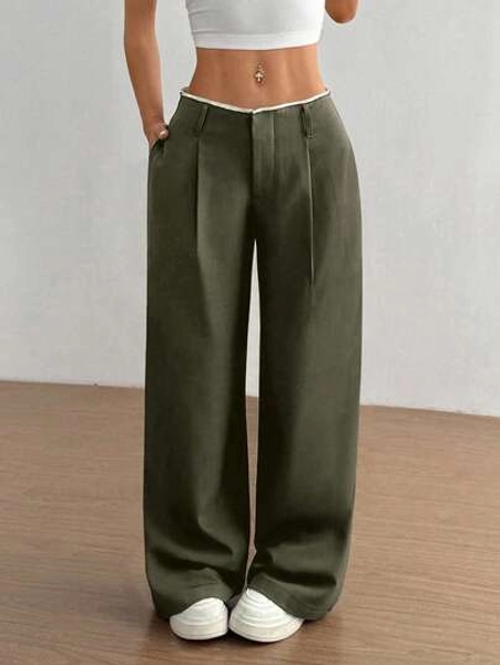 Flirla Versatile Commuting & Business Women's High-Waisted Patchwork Design Super Slimming Straight Leg Olive Green Wide Leg Pants
