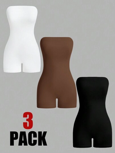 SHEIN EZwear 3pcs Solid Tube Unitard Romper
