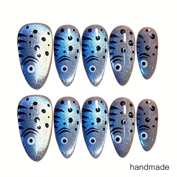 10pcs Handmade Blue Fish Nail Art, Versatile Styles, Perfect for Daily Wear, Special Christmas Gift