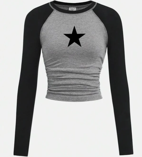 SHEIN Teen Girl Star Print Patchwork Ruched Crew Neck Long Sleeve T-Shirt