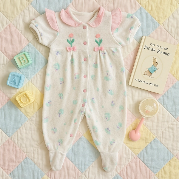Vintage 1980s Carter’s Baby Girls One-Piece Floral Footed Romper | Size L 12 Mos
