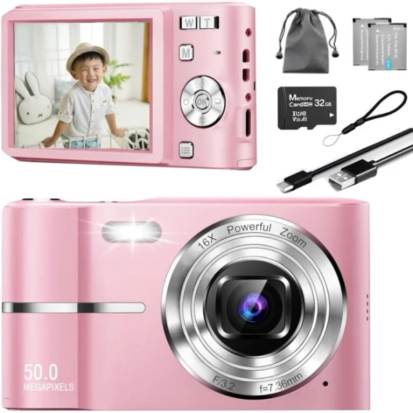 Digital Camera with 16x Zoom, Anti-Shake, Compact, 32GB SD Card, and 2 Batteries
