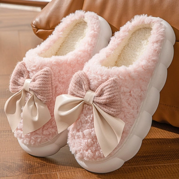 Wowcloth Women's Winter Bowknot Flat Slippers – Cozy Slip-On with Plush Comfort for Indoor and Outdoor Lounge Wear