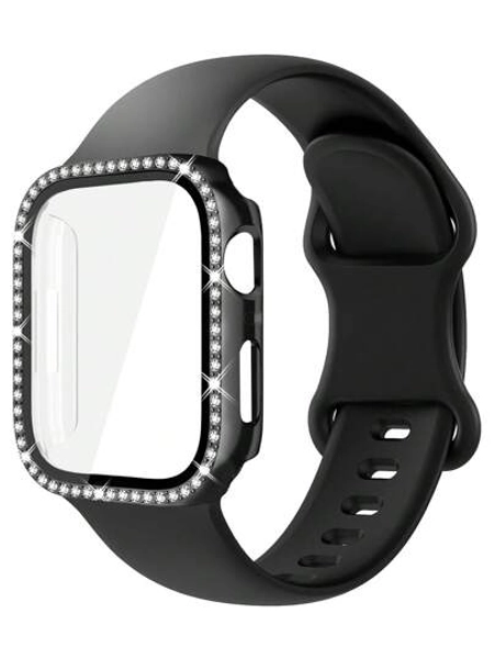 Compatibel met Apple Watch-band en -hoescombinatieset Modieuze, sportieve, zachte en comfortabele siliconen band met klinknagelgesp + glanzende, met diamanten bezette, anti-val- en krasbestendige pc-hoes met gehard glazen film Geïntegreerde hoes Compatibel met Apple Watch 38/40/41/42/44/45/46/49 mm Vervangende bandhoes Compatibel met Apple Watch-serie Ultra/11/10/9/8/7/6/5/4/3/Se Damesbandhoes - Maat 44mm
