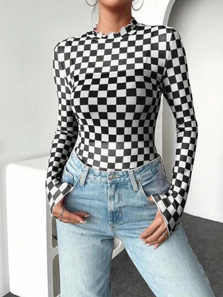 INAWLY Women's Casual Checkerboard Long Sleeve Fitted Top Fall Cloth For Women