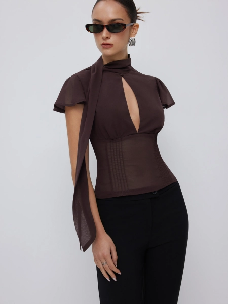 Chiffon Scarf Neck Short Sleeve Cut Out Pleated Blouse