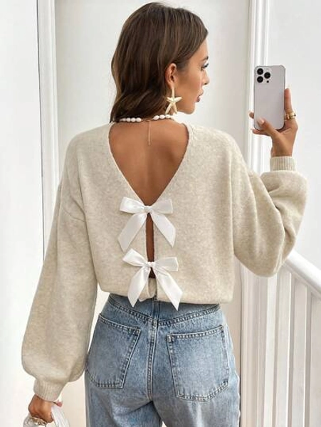 Serisse Women's Bow Decor Minimalist Long Sleeve Sweater, Casual Everyday Wear Winter Outfits Sweater Winter Women Clothes,Long Sleeve Tops,Open Back Top