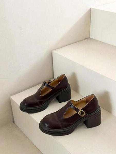 New 4-Season Platform Mary Jane Shoes With Metal Buckle, Embroidery & Hollow-Out Design, Increase Height, Waterproof, Casual/Work Shoes For Students