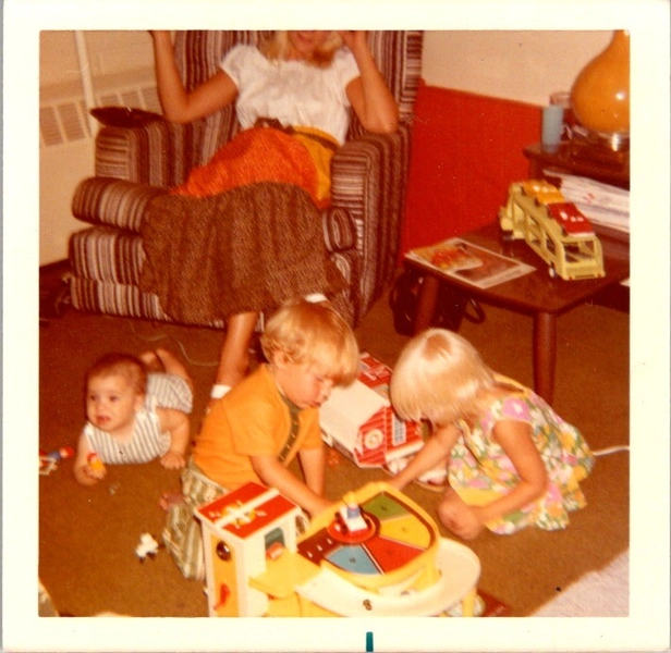 1970s Family Scene w/ Fisher-Price Little People Toys &amp; Striped Chair Photograph