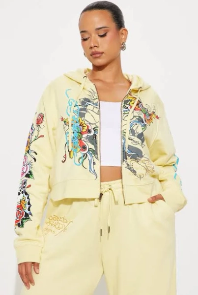 Fashion Nova Women's Ed Hardy Enchanted Butterfly Zip Up Hoodie