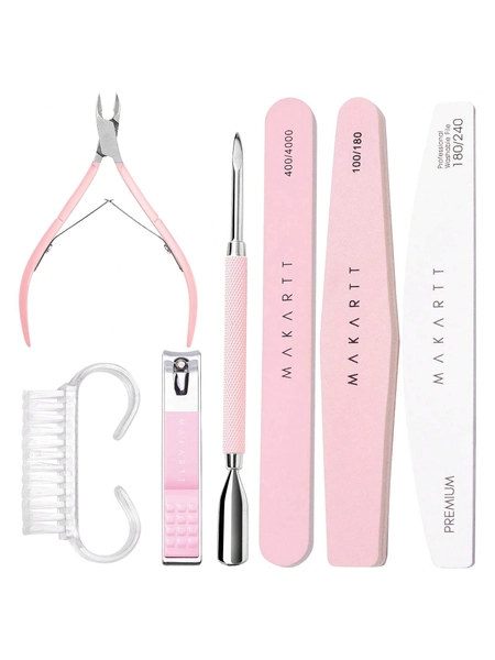 Makartt Nail File And Buffer, Pink Basic Nail Prep Kit With Cuticle Trimmer, Beginner Manicure Kit Nail Care Kit With Cuticle Clipper, Cuticle Trimmer And Nail Brush For Natural Acrylic Nails(7pcs)