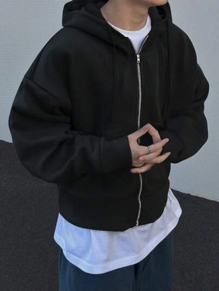 Manfinity Hypemode Men's Casual Short Hooded Cardigan Plain Hoodie Oversized Zip Up Hoodie Cropped Zip Up Men Boxy Double Zipper Hoodie - Size S