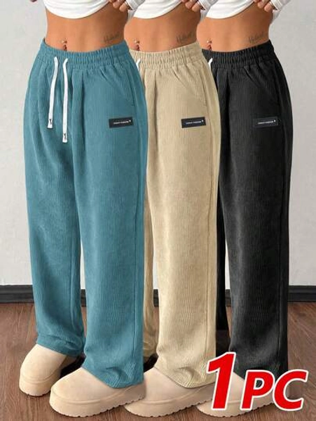 Women's Corduroy Casual Straight Leg Pants, Solid Color Drawstring Vintage Pockets, Breathable & Comfortable, Suitable For Daily Activities, Autumn/Winter