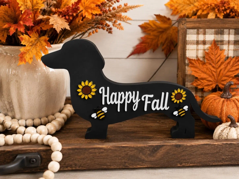Fall Dachshund Shelf Sitter, Autumn Dog Decor, Tiered Tray Accent