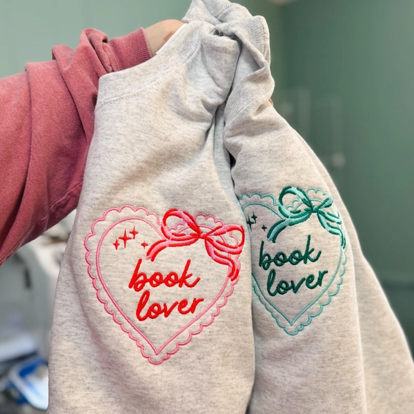 Embroidered Book Lover Coquette Bow Heart Sweatshirt, Book Lover Gift, Reading Sweatshirt, Librarian Shirt, Bookish, Book Girl