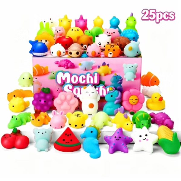 25 Pcs Mochi Squishy Toys for Kids Mini Kawaii Squishies Fidget Toys Animals & Fruit Stress Relief Toys for Party Favors, Pinata Filler, Goodie Bags