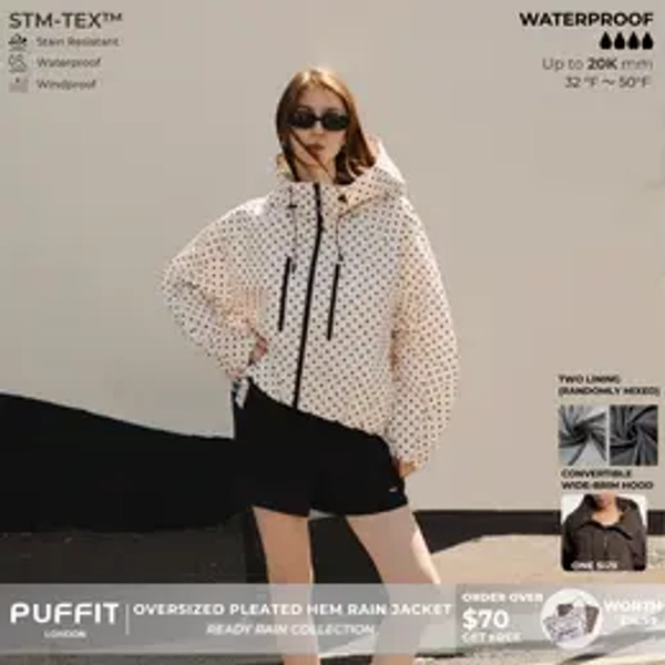 【Restocked】PUFFIT STM-TEX Short One-Size Rain Jacket With Pleated Hem,Hooded Jacket,Waterproof Jacket,Women Jacket,Wide-Brim Hood,Adjustable Cuffs,Zips,Outdoor Sport,Statements,Windbreaker,Spring,Dog Walking,School Running,Football Mum,Stylish,Womenswear