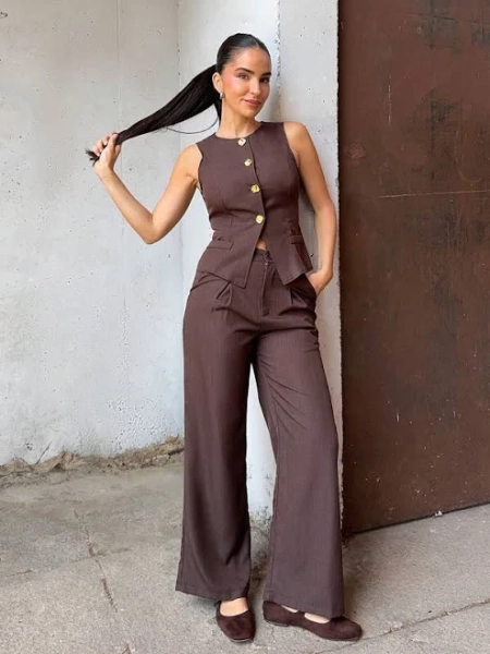 Marta Soriano 1 Set Solid Color Single-Breasted Vest, Pleated Wide-Leg Pants Suit,S