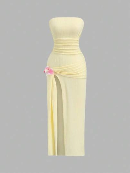 SHEIN PETITE Spring/Summer Elegant Halter Vacation Orchid Decor High Slit Petite Women Long Dress