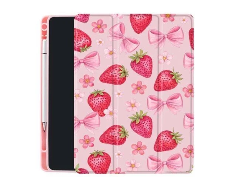 CraftedCY Cute Pink Strawberry Case for Ipad Air4/5 (10.9") Kawaii Bow Pattern Cover Auto Sleep/Wake Clear Acrylic Back with Pencil Holder Aesthetic P