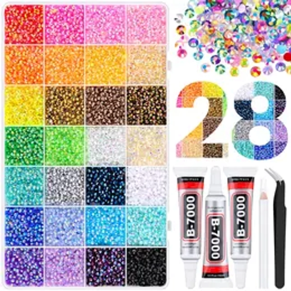VIBRANT GEMS 26000Pcs Resin Rhinestones with Tweezers for Crafting Mixed-Color 3mm Bedazzling Crystal with 3Pcs 10ml B7000 Jewelry Glue for DIY Crafts Clothing Tumblers Shoes Fabric Nail Art Colorful