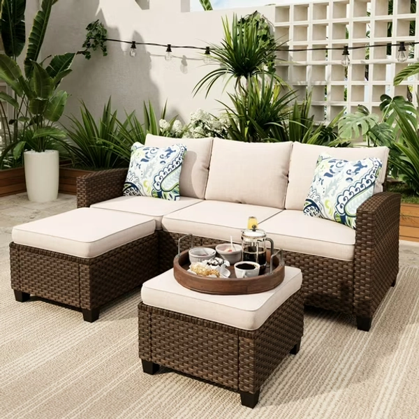 Sophia & William 3 Pieces Wicker Patio Furniture Set Outdoor Couch with 2 Ottomans and Beige Cushions