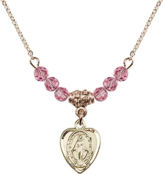 Gold Heart Miraculous Medal Necklace with Pink Crystal Beads