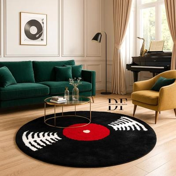 Vinyl Record Rug: Hand-Tufted Music Decor - Modern Black & Red