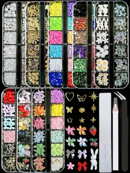 8 Box Random Mixed ABS Hawaii Flowers Bowknots Nail Charms 3D Cartoon Colorful Shells Dolphins Butterflies Daisies Pearls Hearts Colored Flat-Bottomed