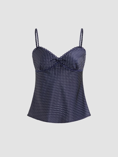 Süßer Halsausschnitt mit Polkadots, Spitzenrand und Knoten - Camisole Oberteil