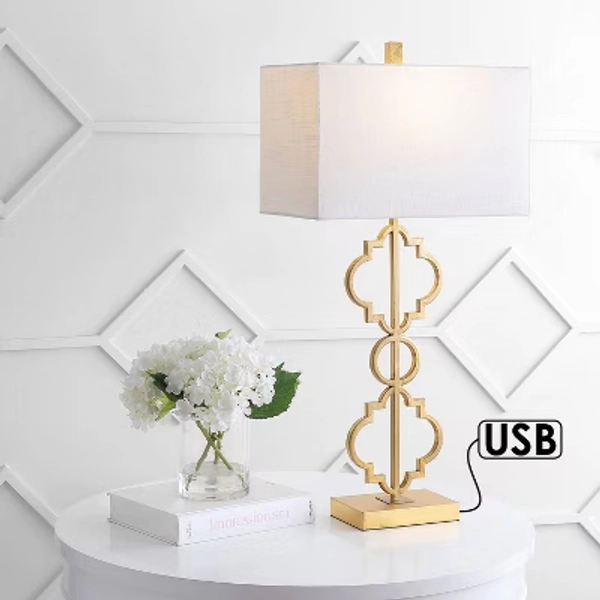 32" Iron Selina Ogee Trellis Modern USB Table Lamp (Includes LED Light Bulb) Gold - Jonathan Y: Chic Linen Shade, UL Listed, Rotary Switch
