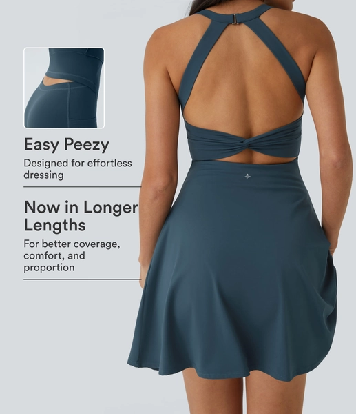 XS Majolica Blue SoftlyZero™ Airy Backless Twisted Flare Low Support Dance Active Dress-Longer Length-Easy Peezy Edition A-D Cups