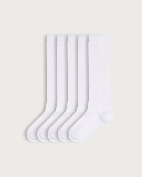 F&F Girls 5-Pack Cotton Rich Heart Pattern Knee High Socks in White