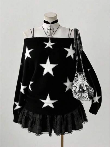Sunspun Plus Size Women Y2K Streetwear Style Pentagram Jacquard Loose Boat Neck Batwing Sleeve Comfortable Knit Pullover Sweater, Suitable For Autumn/Winter And Back To School Season