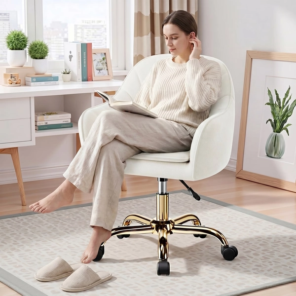 COOLHUT Office Desk Chair with Padded, Velvet Vanity Chair with Back and Wheels, Comfy Home Office Chiar with Gold Legs, Height Adjustable, Rolling Chair for Vanity Room, Makeup Room, Bedroom, Beige - Walmart.com