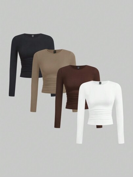 SHEIN EZwear Multi-Color Knitted Women's Round Neck Long Sleeve Ruched Bodycon T-Shirt