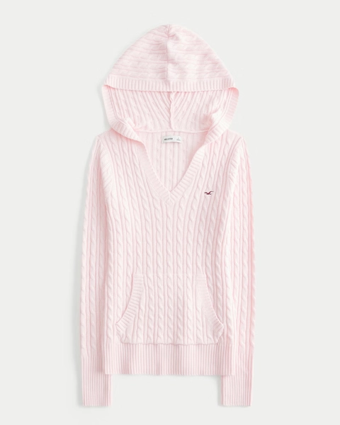 Cable-Knit V-Neck Hoodie Sweater
