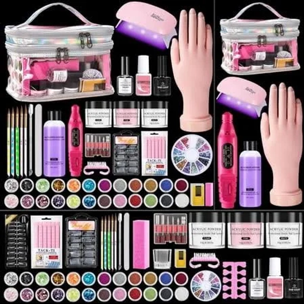 Complete Acrylic Nail Kit for Beginners - 6pcs Powder & Liquid Set with UV Lamp + Practice Hand for Perfecting Techniques | Professional Manicure