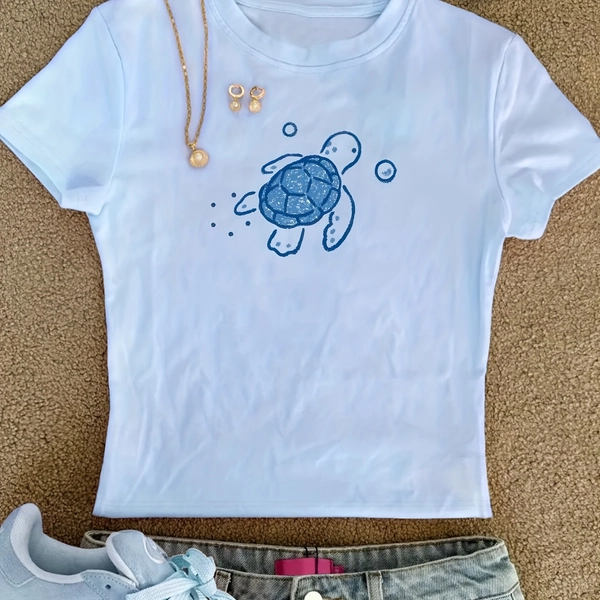 00008 - Women's Fitted Bodysuit Top, Creative Fashionable Simple and Cute Sea Turtle Doodle Graphic Print, Pure Desire Korean-Style Y2K Summer Crew Neck Short Sleeve T-Shirt, Women's Clothing QHH2234