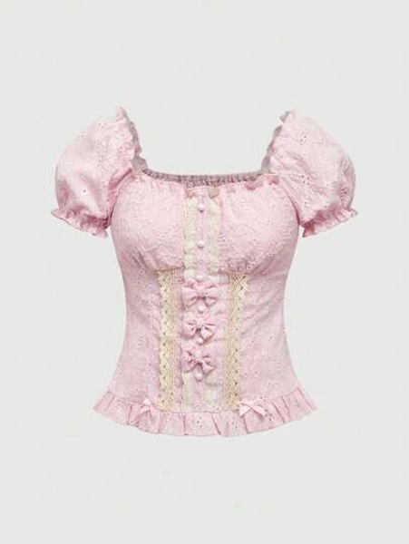 ROMWE Kawaii Moe Style Princess Cute Bow Decor Waist Blouse For Women
