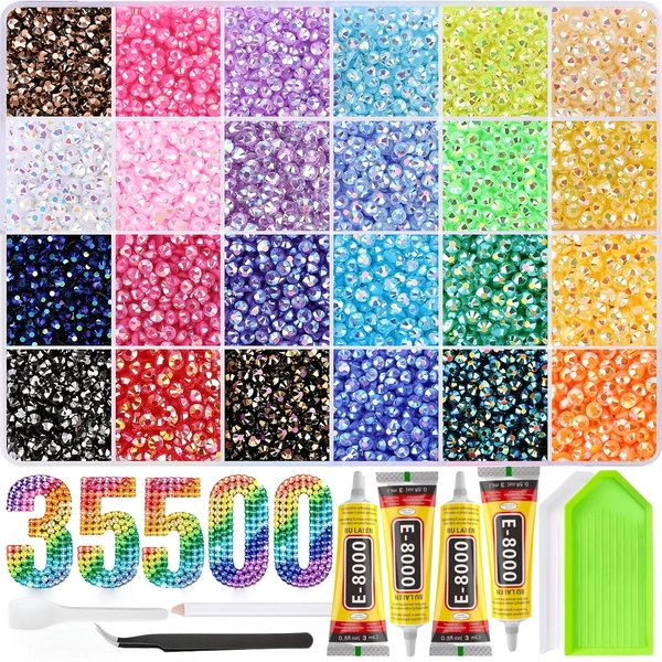 35500pcs 24-Color Rhinestone Bedazzling Kit with 4pcs Set (Tweezers, Pens, Tray & Sharpeners) & 4mm Sparkling Beads Suitable for DIY Nail Art, Clothing Decoration, Footwear Crafts, Clothing Accessories
