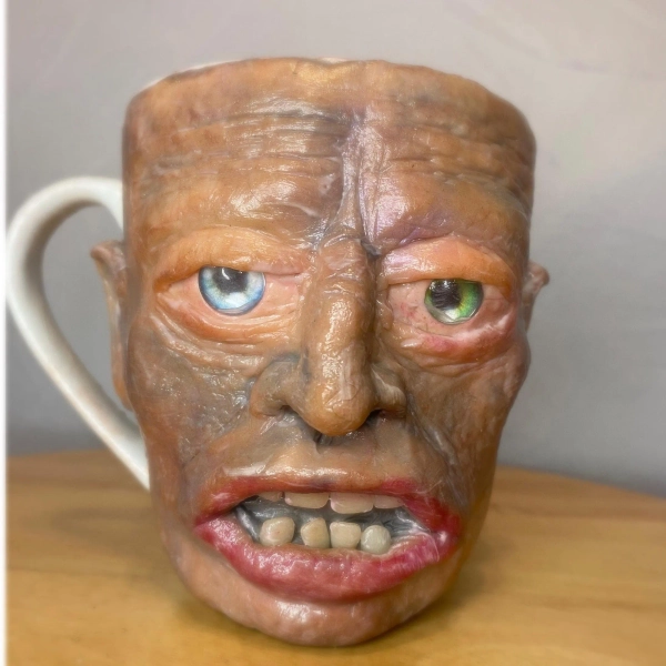 Creepy Face Coffee Mug: Polymer Clay Sculpture, UglyMug Collectible